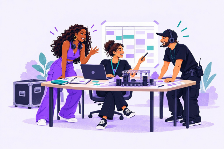 Une équipe de production prépare son événement autour d’un planning commun.